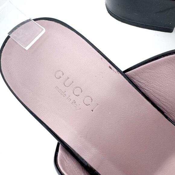 GUCCI Lilane Horsebit Thong Sandals Black Patent Low Block Heel Size EU 37 US 7 - Picture 4 of 7